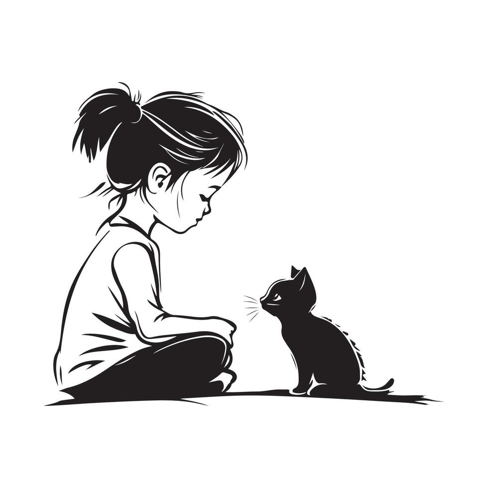Baby Girl playing with a cat isolated on a white background vector