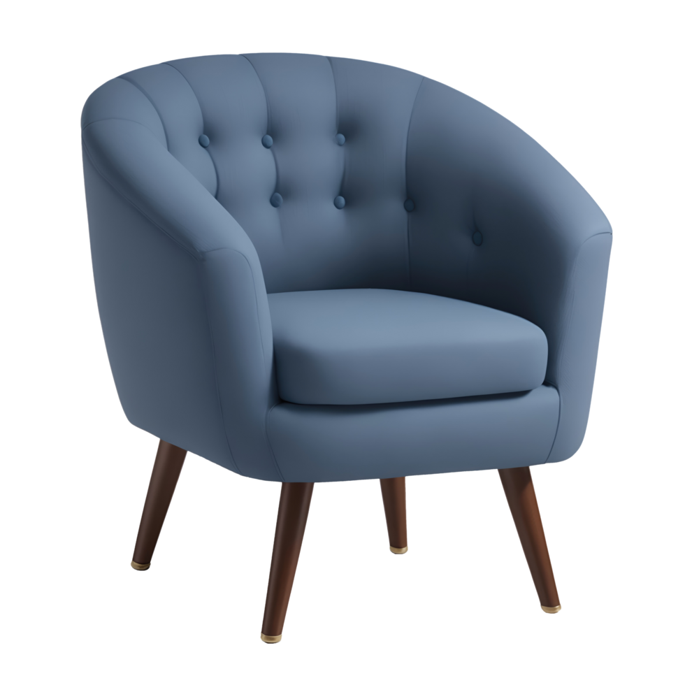 A blue chair with wooden legs and a buttoned up seat png