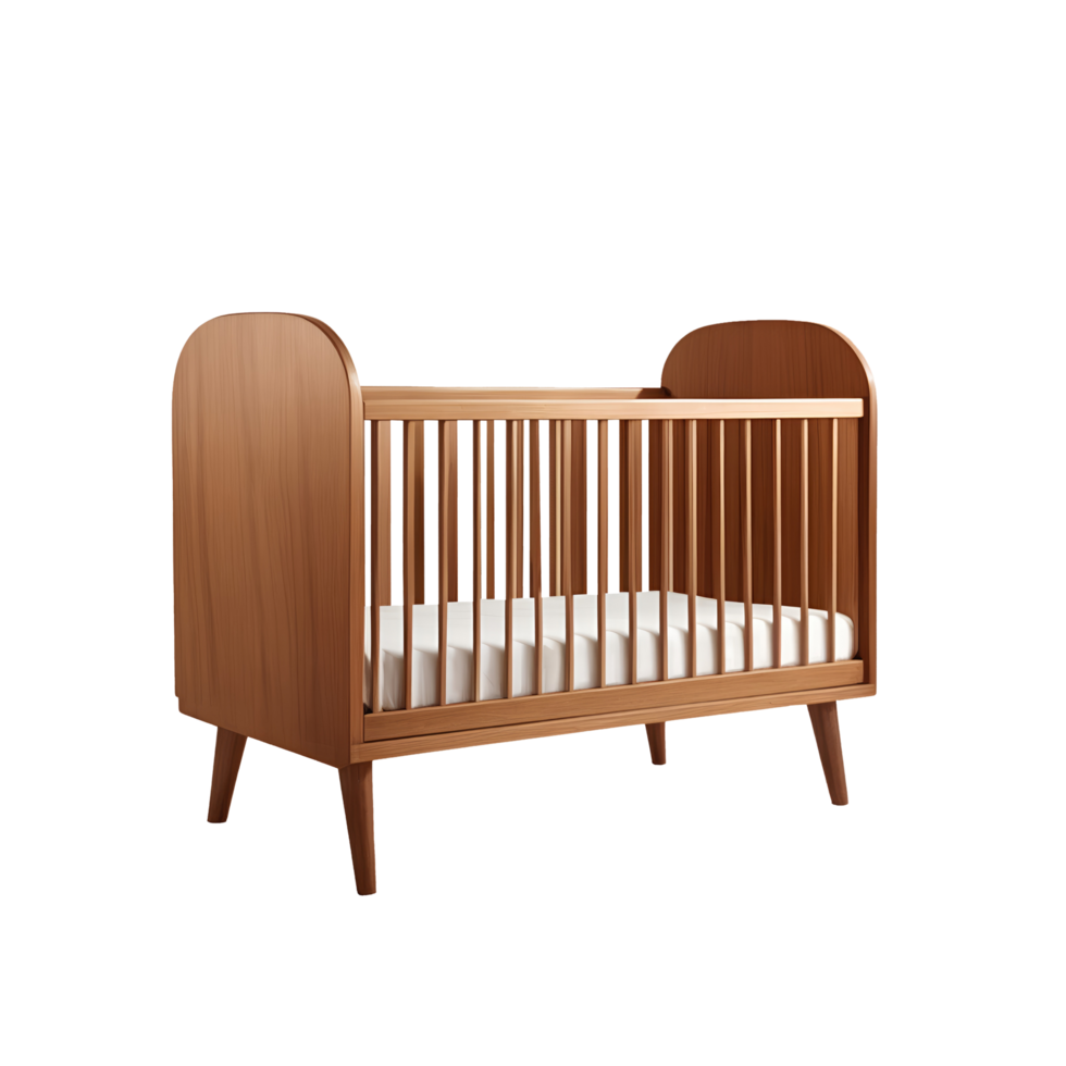 A baby crib with wooden legs and a white sheet png