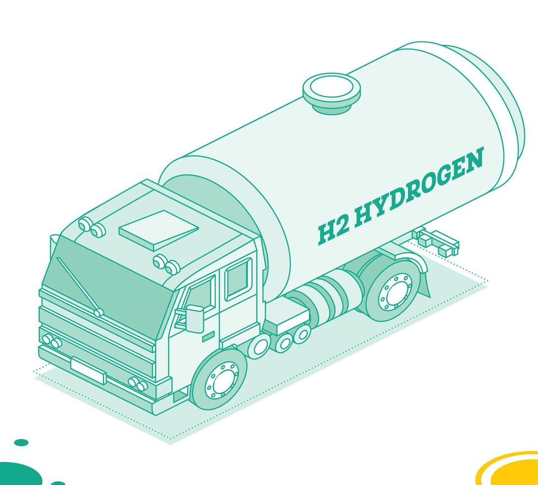 Truck with hydrogen tank cistern. Isometric outline concept. Car isolated on white background. vector