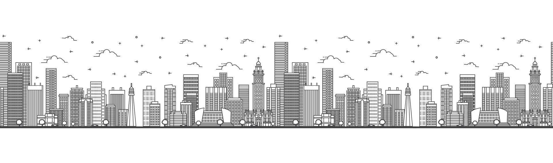 Seamless pattern with outline Miami Florida City Skyline with Modern Buildings Isolated on White. Miami USA Cityscape with Landmarks. vector