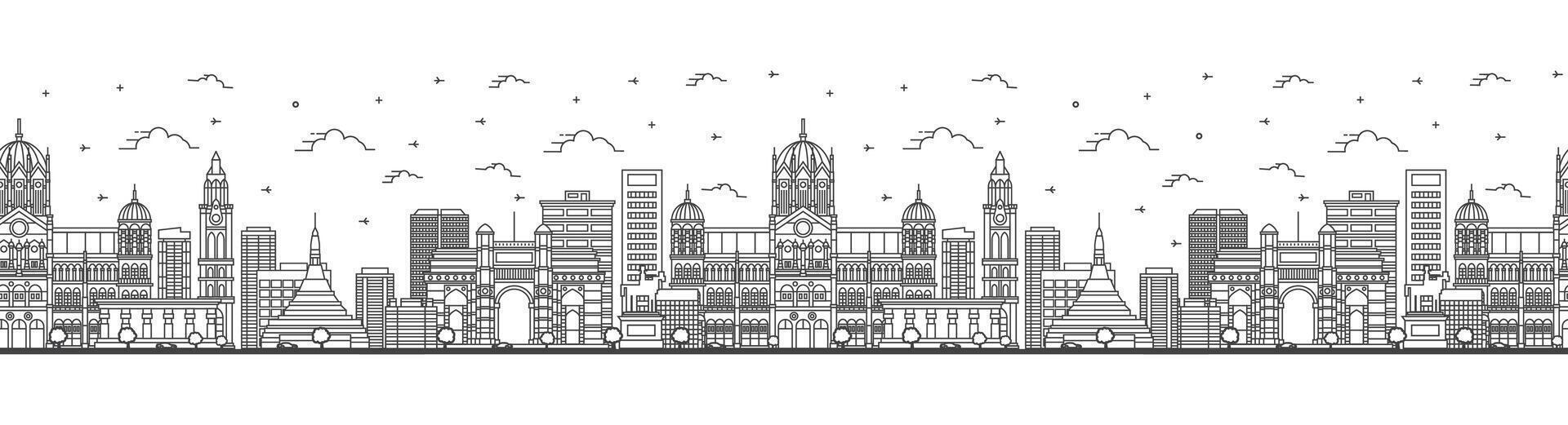 Seamless pattern with outline Mumbai India City Skyline with Historic Buildings Isolated on White. Bombay Cityscape with Landmarks. vector