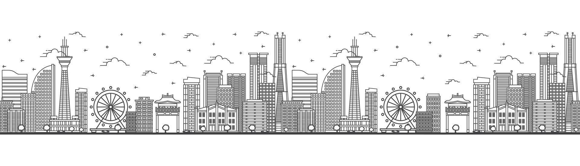 Seamless pattern with outline Yokohama Japan City Skyline with Modern Buildings Isolated on White. Yokohama Cityscape with Landmarks. vector