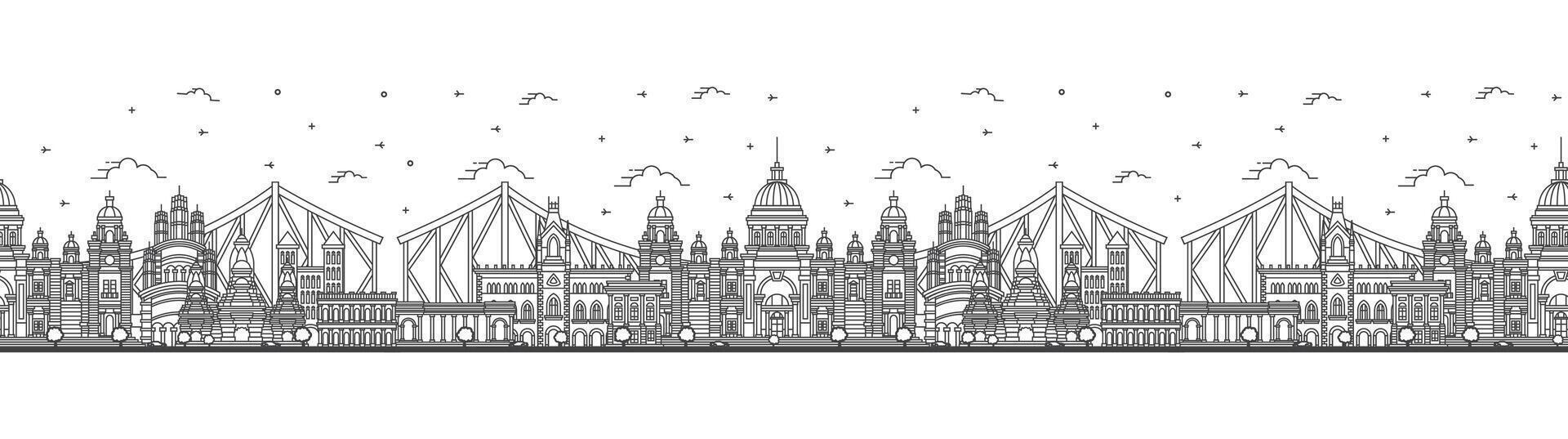 Seamless pattern with outline Kolkata India City Skyline with Historic Buildings Isolated on White. Kolkata Cityscape with Landmarks. vector