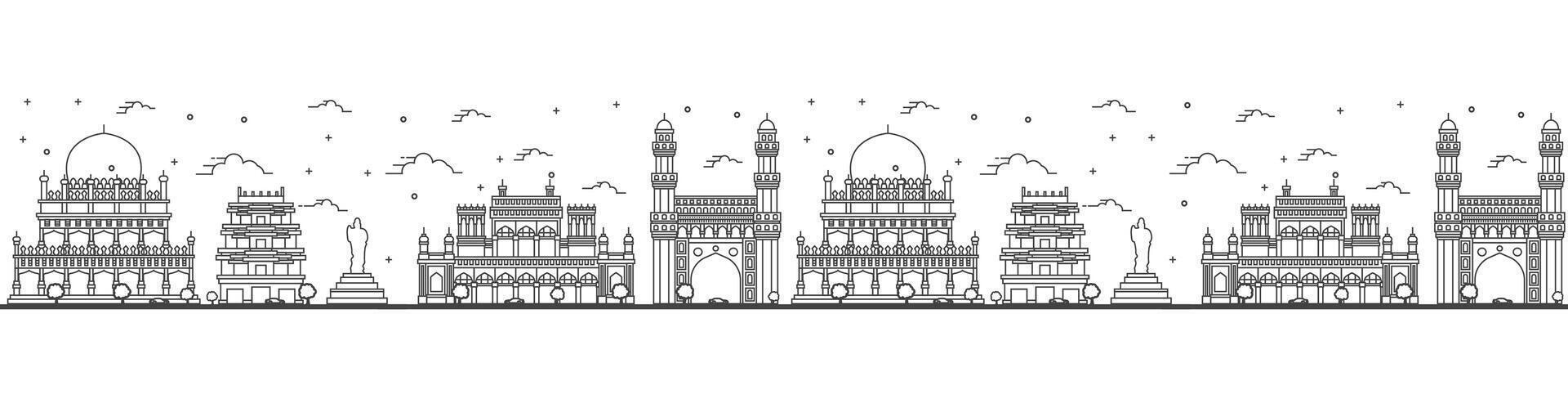 Seamless pattern with outline Hyderabad India City Skyline with Historical Buildings Isolated on White. Hyderabad Cityscape with Landmarks. vector