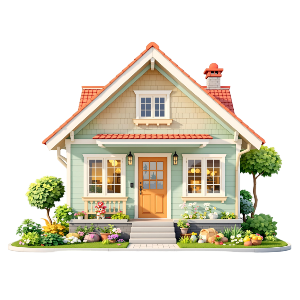 A small house with a front porch and flowers png