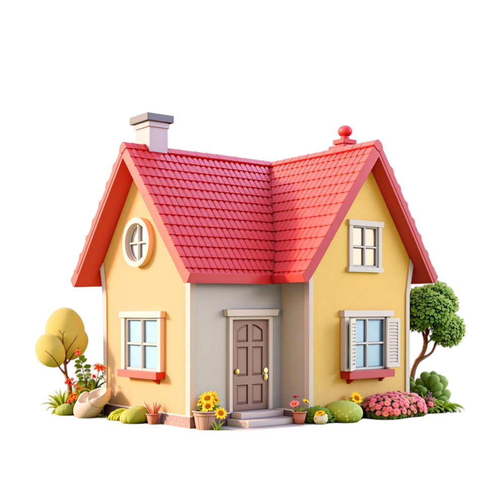 A small house with a red roof and a garden png