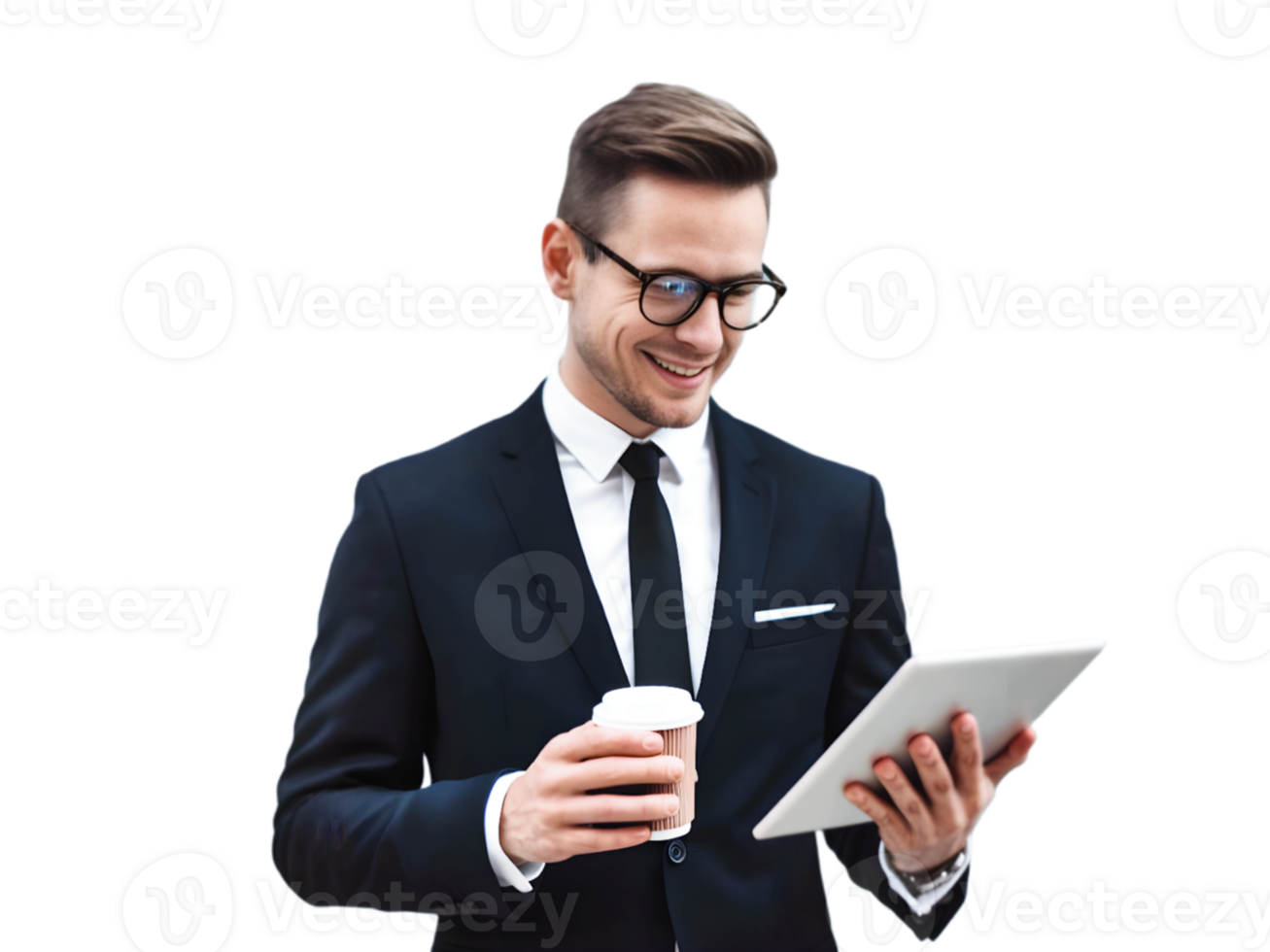 A man in a suit holding a tablet and coffee png