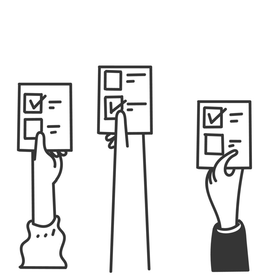 three hands holding up papers with check marks ballot vector