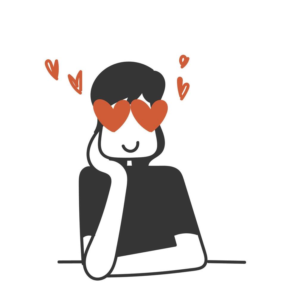 woman with big eyes love heart gesture in doodle cartoon sketch vector