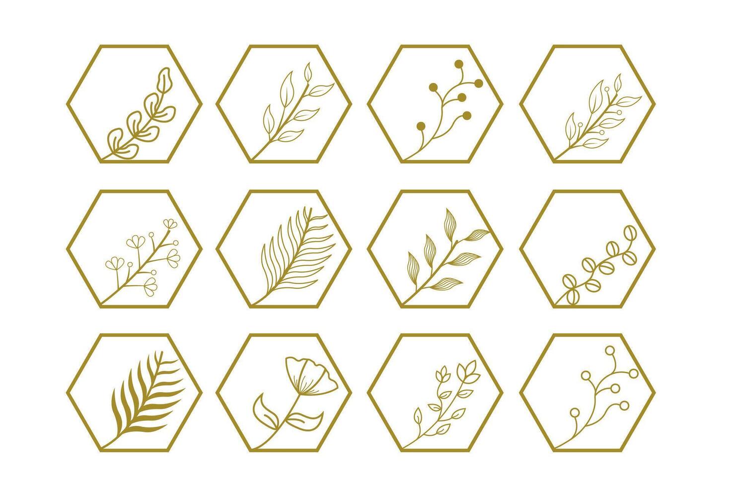 Golden hexagons with leaves and flowers vector