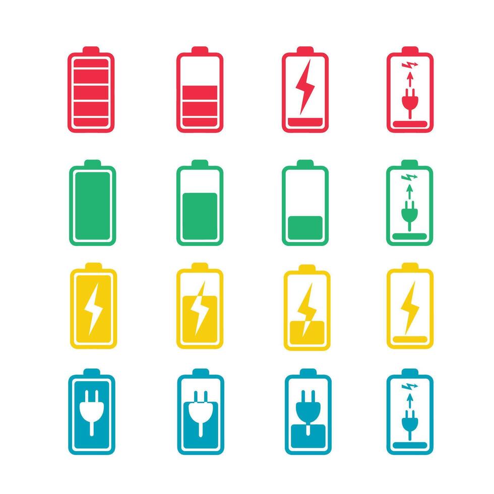 Battery icon set with different colors and shapes vector