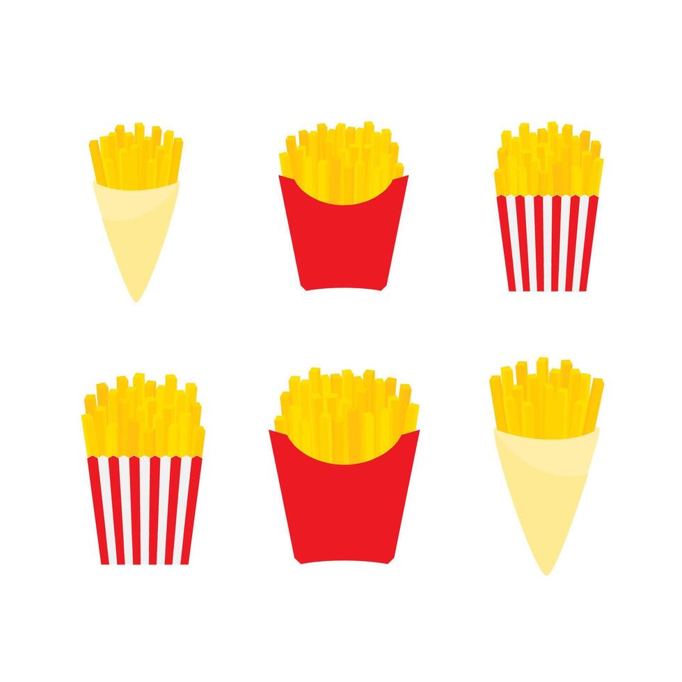 French fries in a basket, in a box and in a cone vector