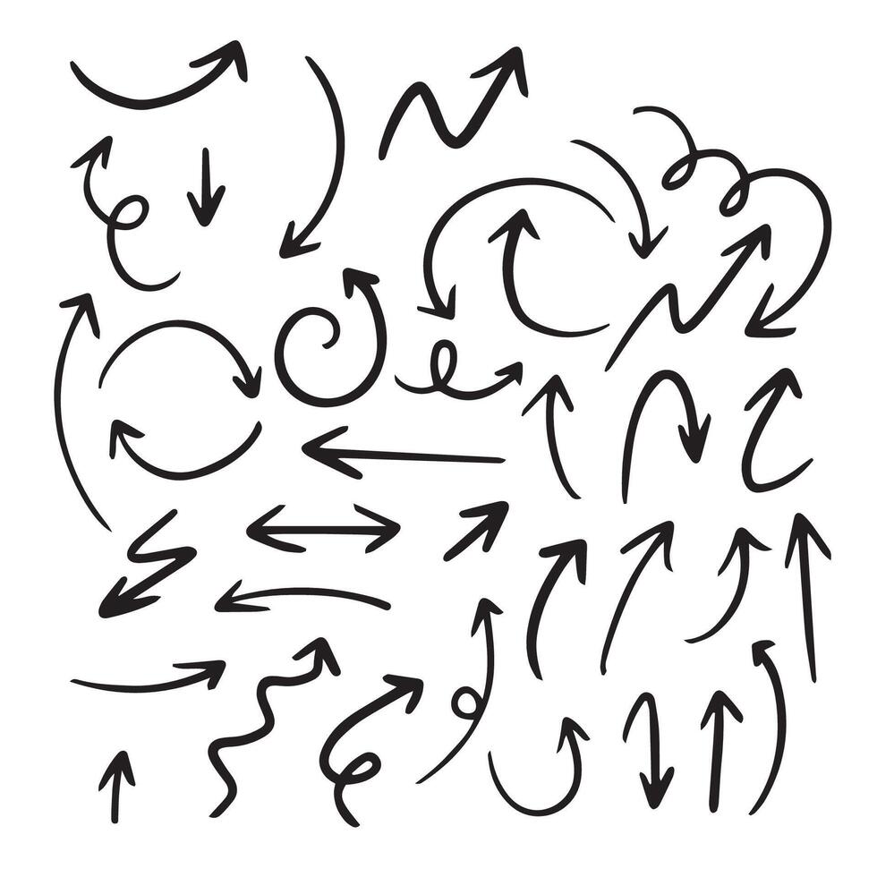A set of different arrows drawn in black ink vector