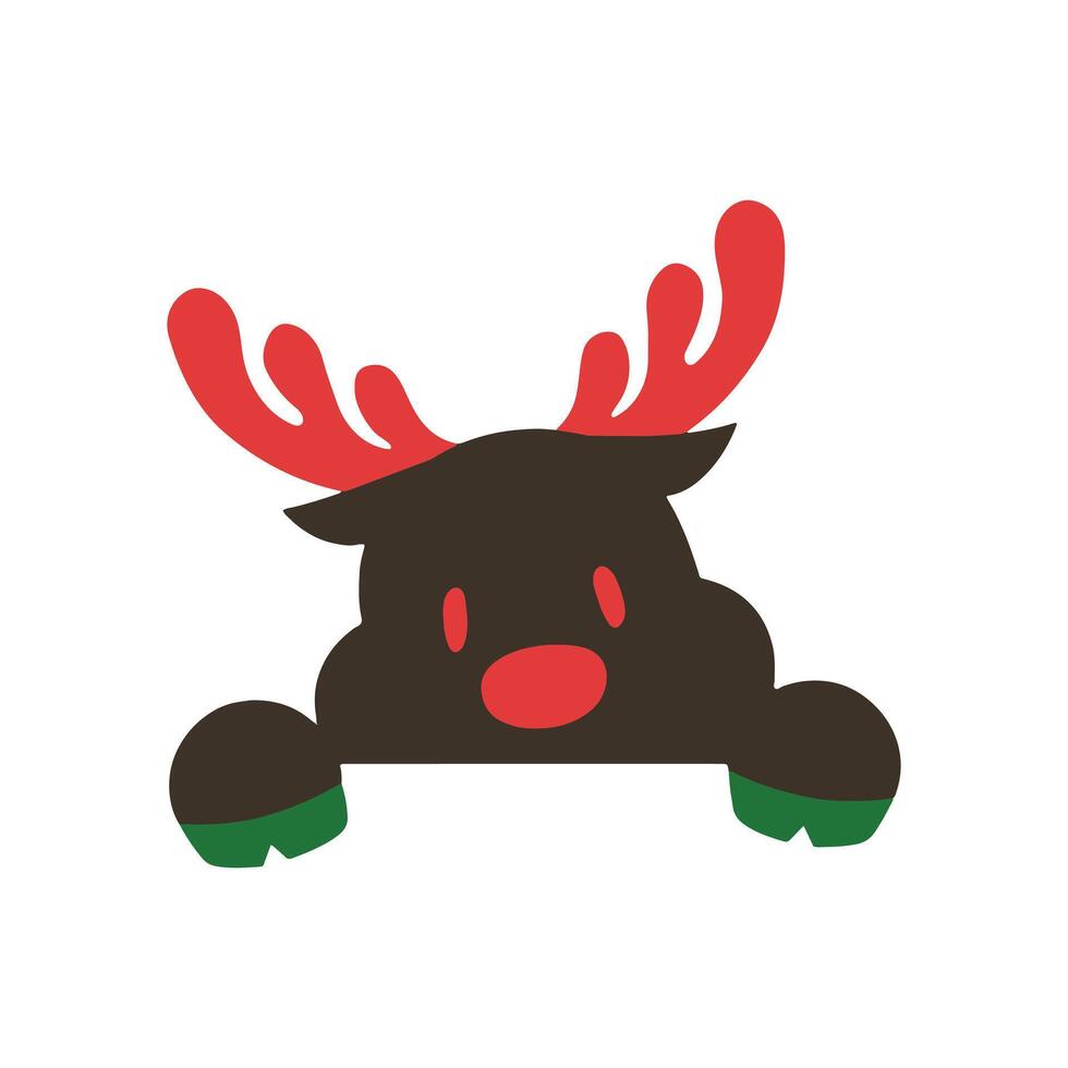 A cartoonish reindeer with a red nose and blue and red antlers. The antlers are decorated with snowflakes vector