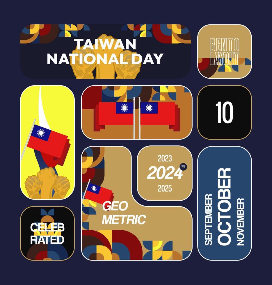 Illustration of Taiwan national day in square template with bento layout vector