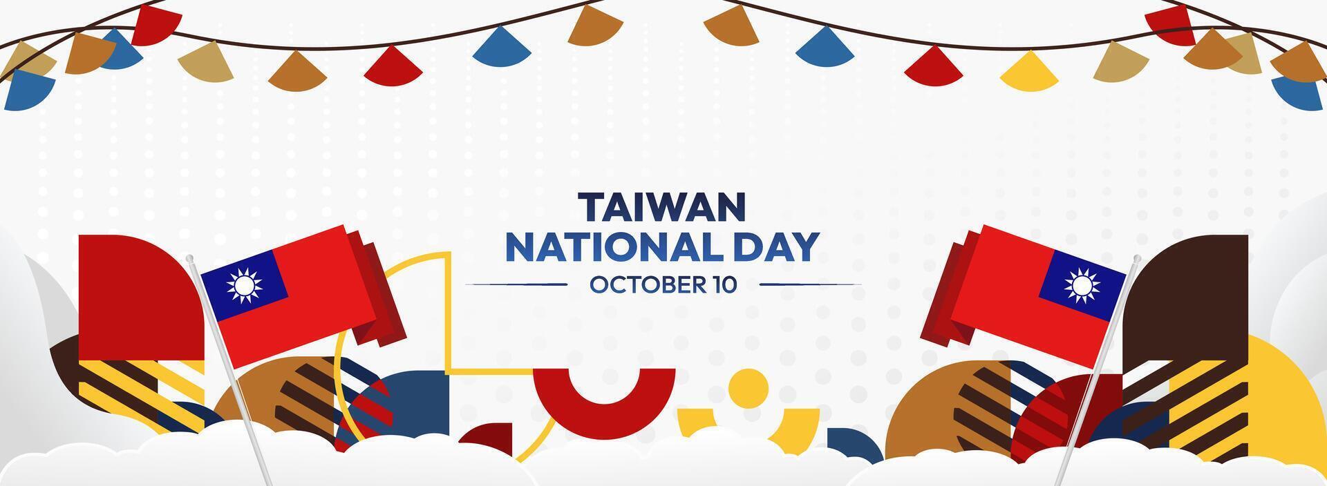 Taiwan National Day Invitation Template. Elegant design with a white background and geometric accents highlighting Taiwan flag for event invitations vector