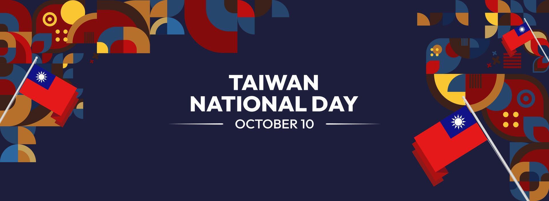 Taiwan National Day Invitation Poster. Horizontal banner with modern geometric accents and Taiwan flag, perfect for event invitations or announcements. vector