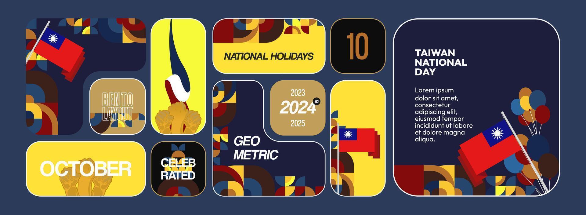 Horizontal website template with Bento grid layout Taiwan National Day theme. Design of Taiwan's national independence day with the country's flag and modern geometric ornaments vector