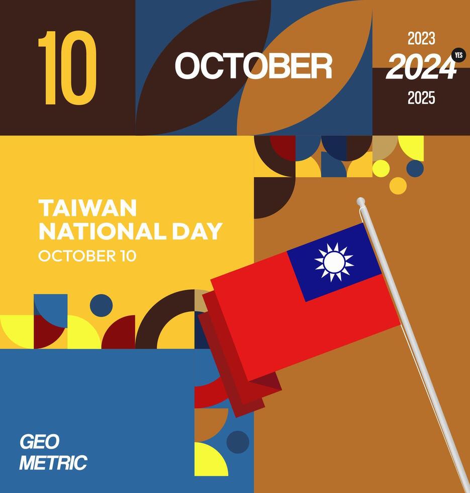 Taiwan National Day Invitation Card Design with minimalist geometric touches and a bold national flag. Suitable for various events, be it music, sports, or festivals. vector