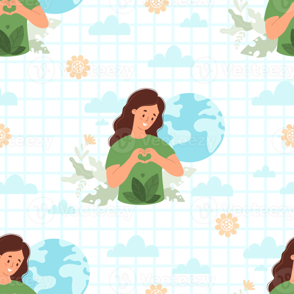 Eco friendly Seamless pattern. Woman Making Heart Gesture by Earth on checkered background png