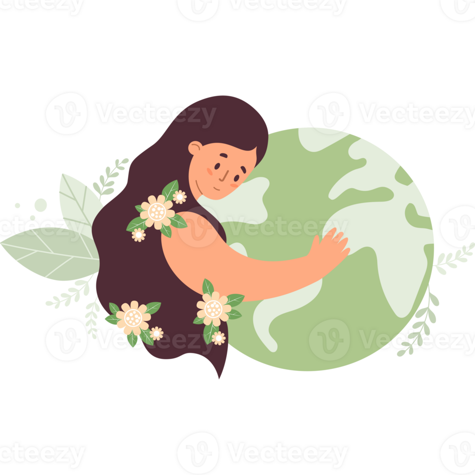 Woman hugs green planet Earth. Eco friendly Nature png
