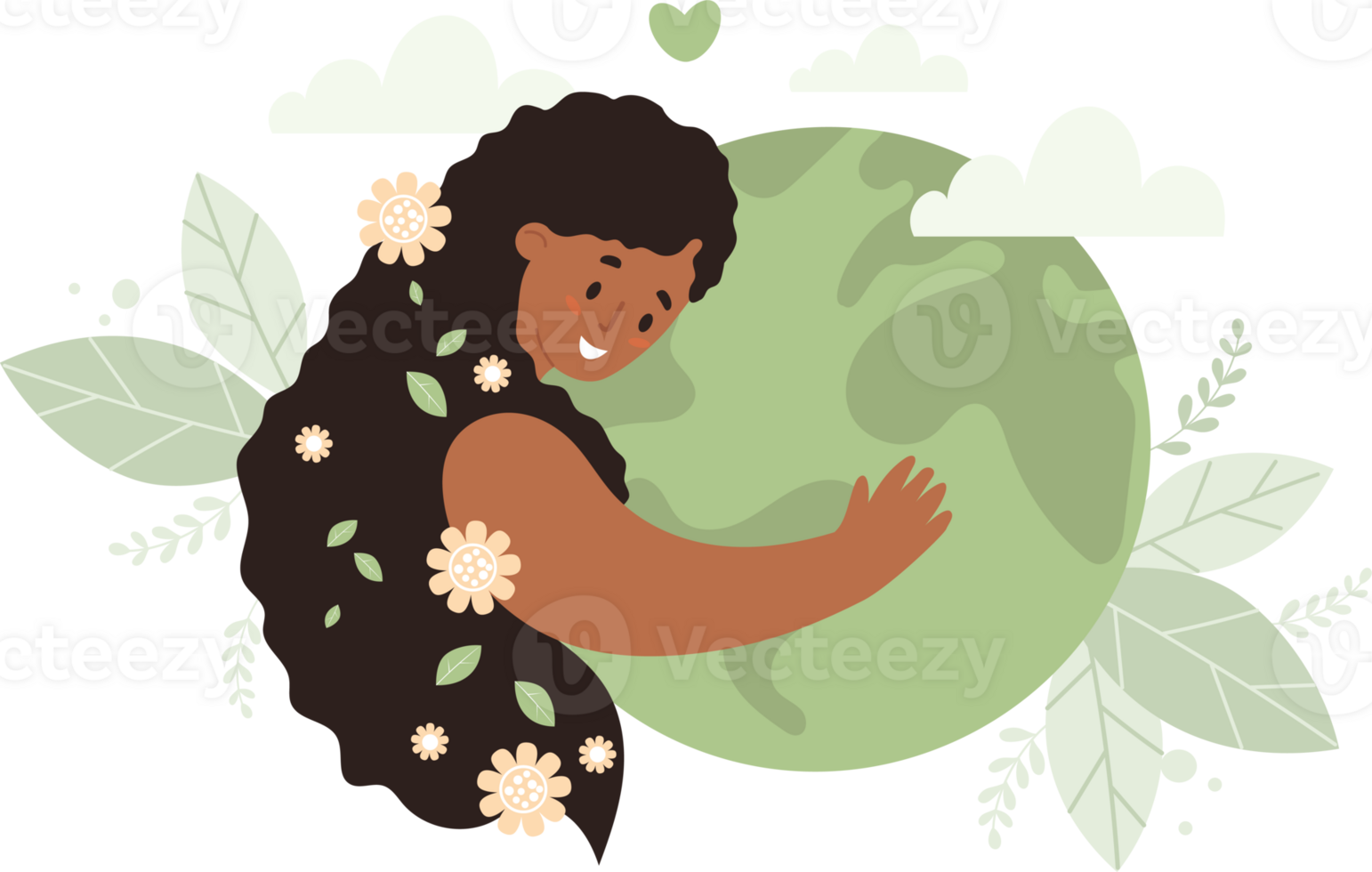 Afro american Woman hugs green planet Earth png