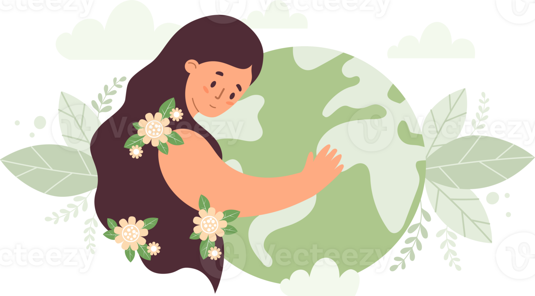 Woman hugs green planet Earth. Eco friendly Nature and environmental care png