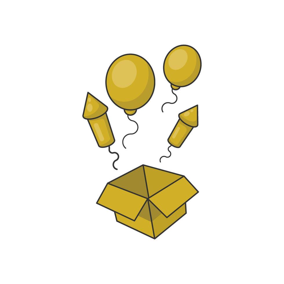 Gift box surprise . Firework rockets, balloon, and box on white background. New years concept. vector