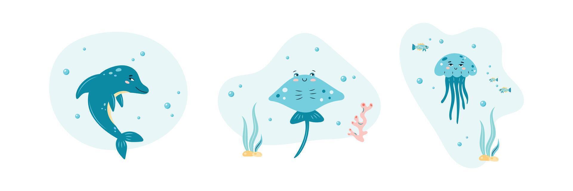 Collection of illustrations with marine animals on white background. Dolphin, stingray and jellyfish. Characters in children's style. illustration. vector