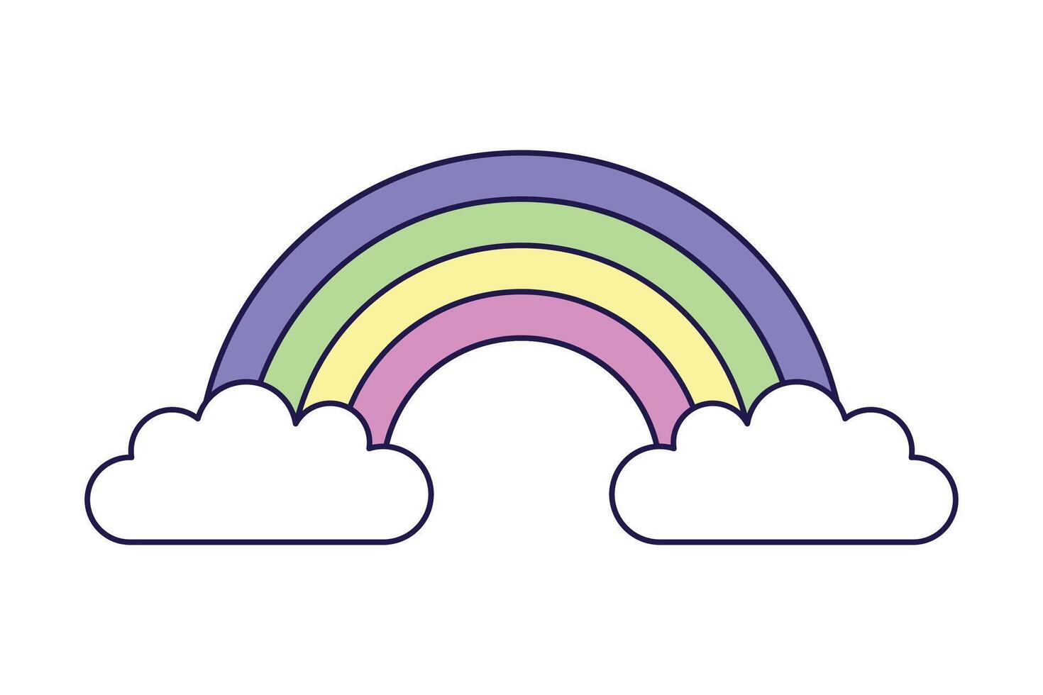 Rainbow and clouds on white background. Retro illustration with outline in 90s style. Isolated illustration. vector
