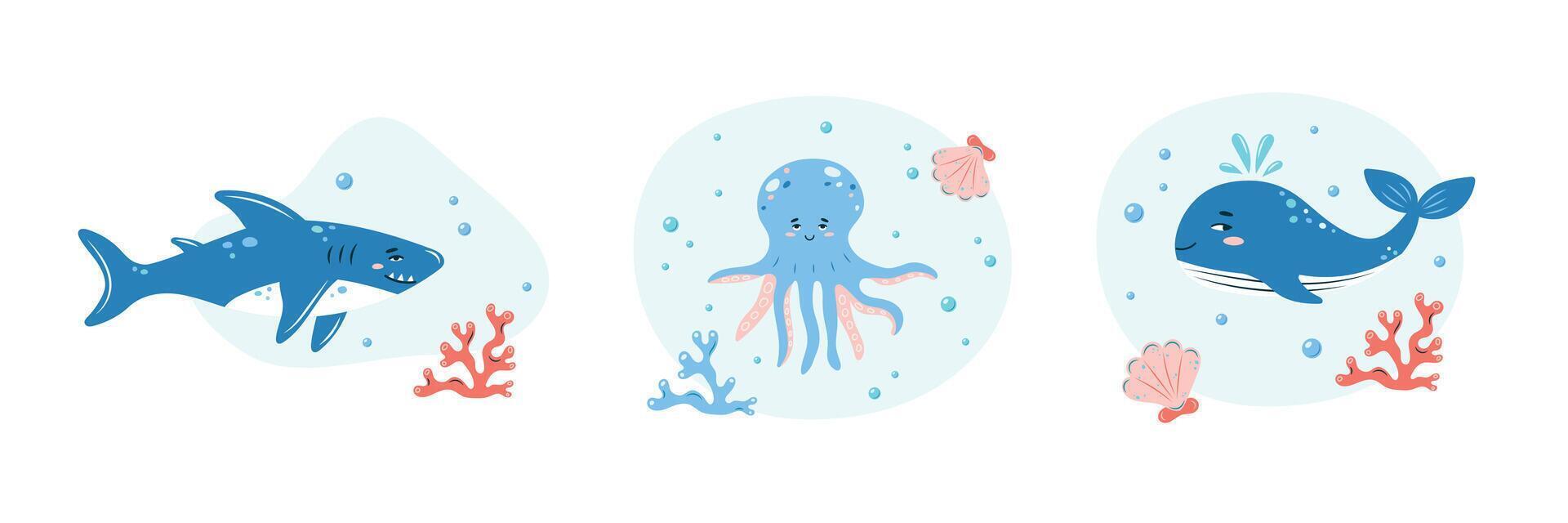 Collection of illustrations with marine animals on white background. Shark, octopus and whale. Characters in children's style. illustration. vector
