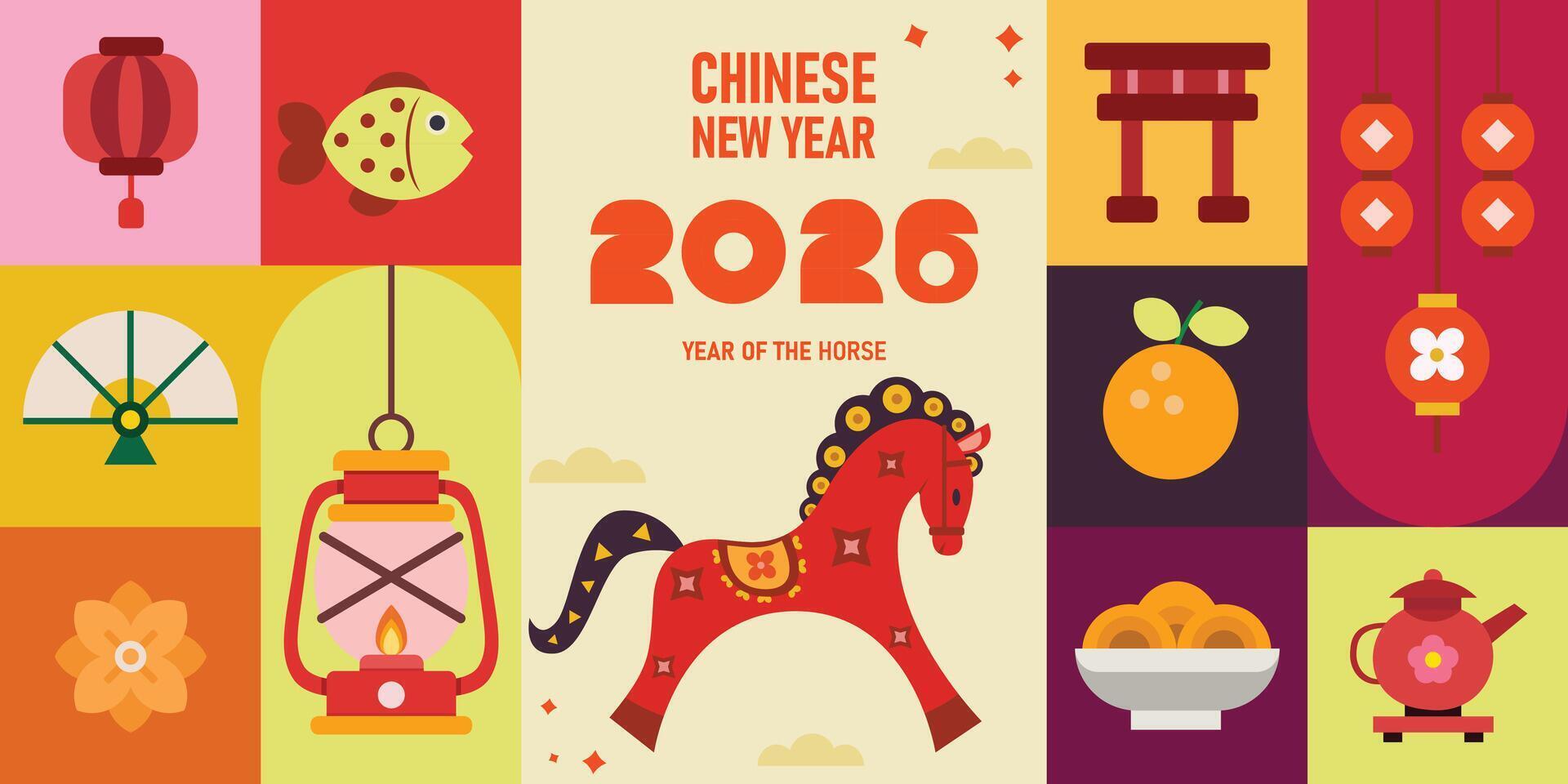 happy new year 2026, chinese new year, year of horse poster Modern minimalist geometric style Chinese new year elements. Colorful illustration in flat cartoon style, in geometric patterns vector