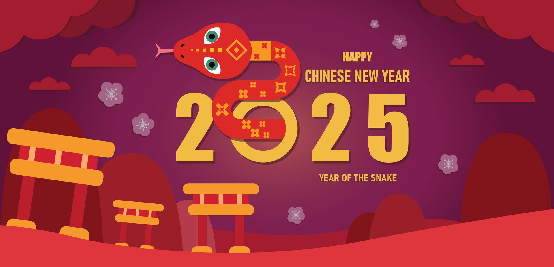 Chinese new year 2025 year of the Snake. postcard, banners. Red traditional Chinese designs with snakes. lunar new year greeting card, 2025 Lunar new year concept, geometric modern vector