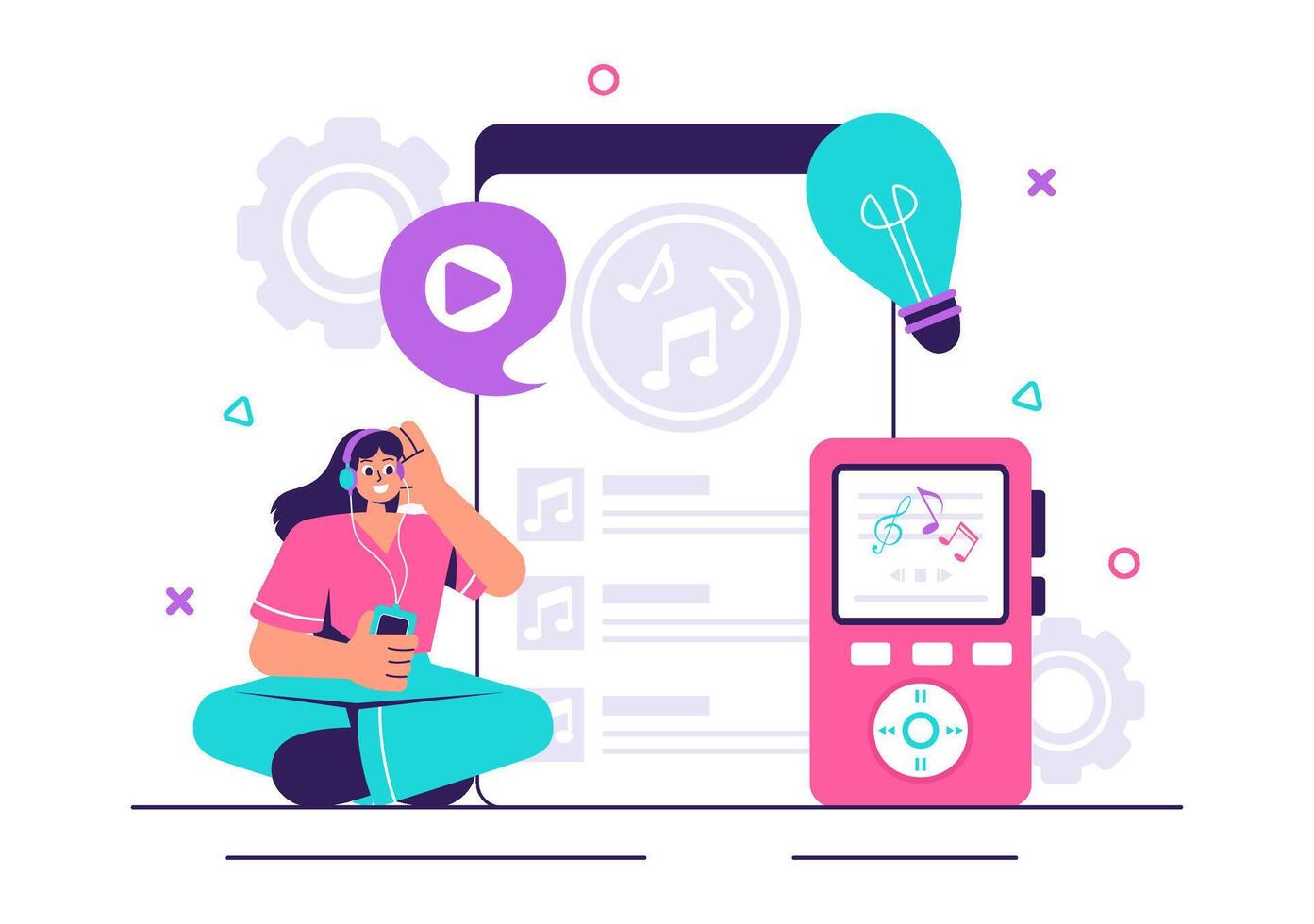 Music Technology Illustration featuring MP3 Player, Headphones, and Audio App vector