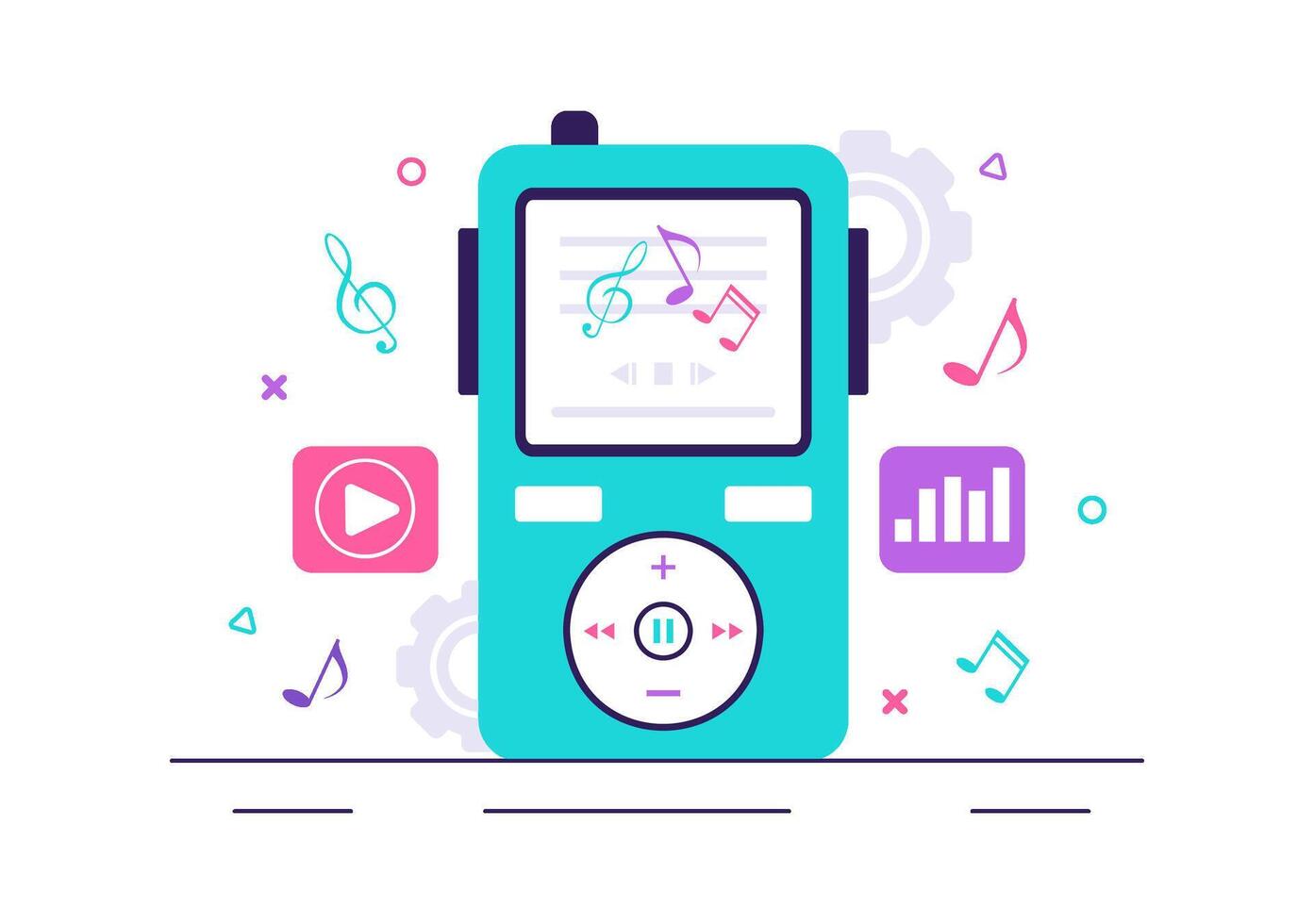 Music Application Illustration featuring MP3 Player and Musical Notes on Flat Background vector