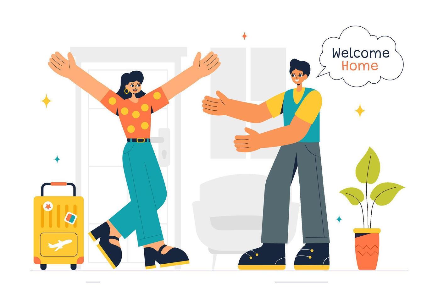 Flat Cartoon of a Homecoming Scene with Smiles and Warm Hugs vector