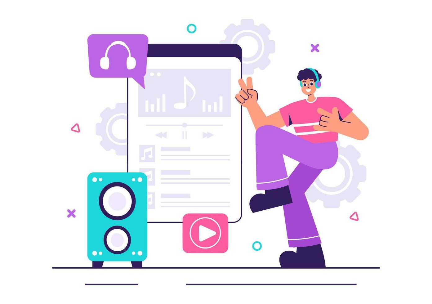 Mobile Music Illustration with MP3 Player and Earphones on Flat Background vector