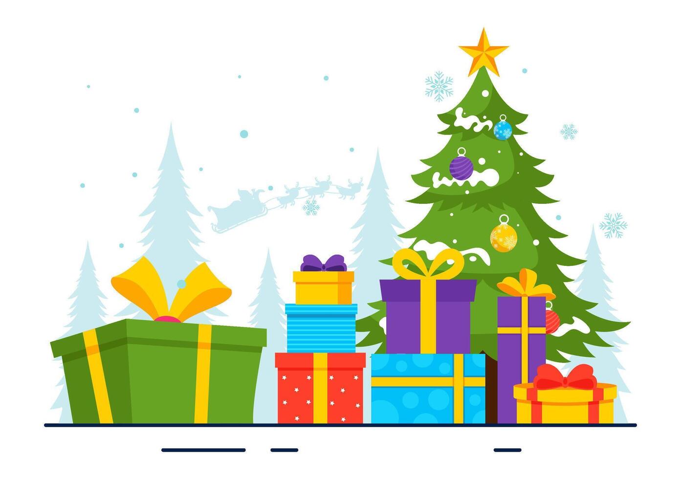 Christmas Celebration Illustration Featuring Santa Claus, Gift Boxes, and Snowy Trees in a Flat Cartoon Style vector