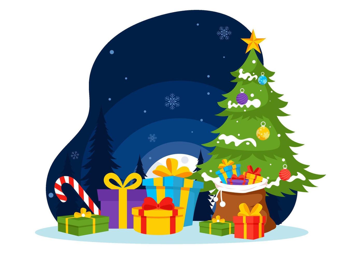 Flat Style Christmas Illustration with Santa Claus, Baubles, and Holiday Gifts Under a Tree vector