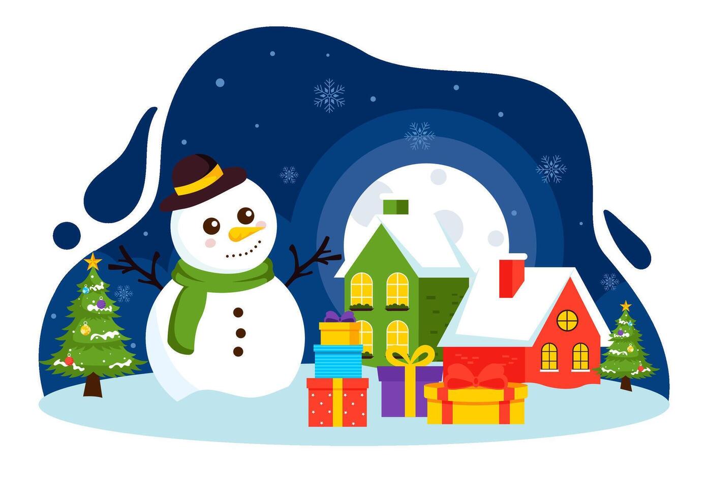 Christmas Illustration Featuring Presents, Baubles, and Snow Covered Trees in a Cartoon Style vector
