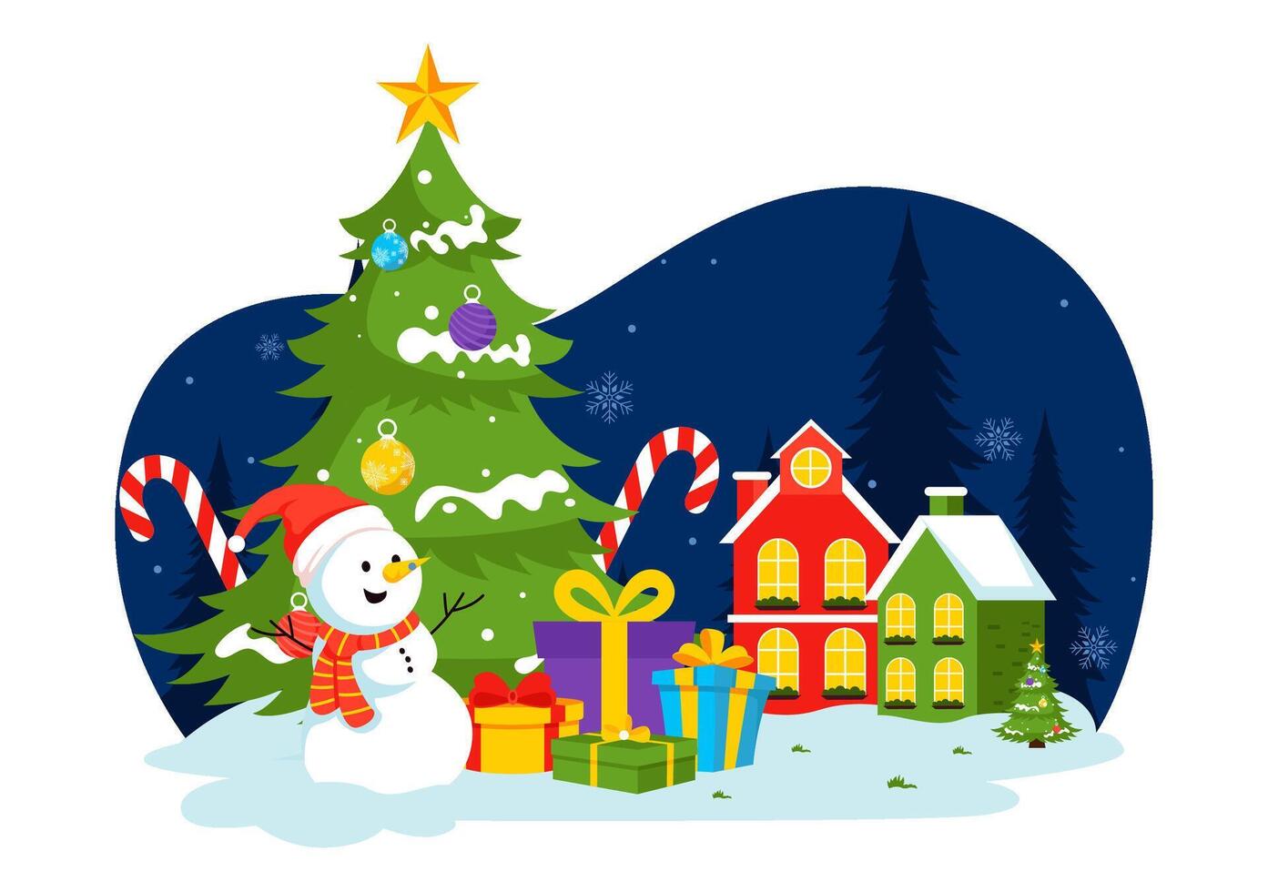 Holiday Season Illustration with Santa Claus, Decorative Balls, and Wrapped Presents in a Flat Style vector
