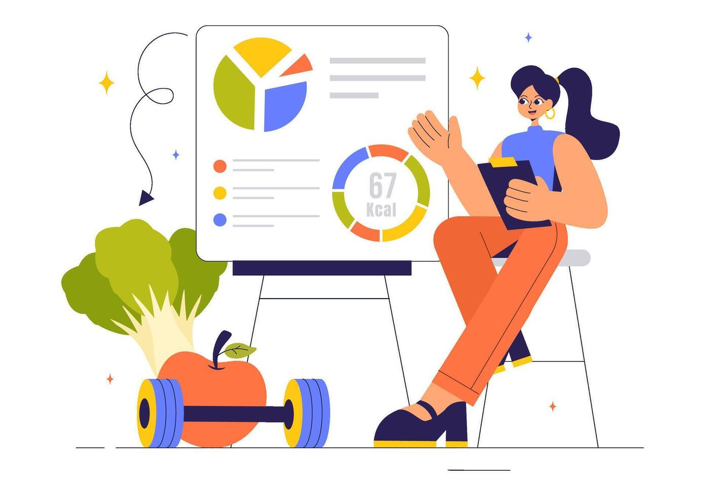 Flat Cartoon Illustration of a Healthy Lifestyle with Vegetables, Fruits, and Balanced Diet Tips vector
