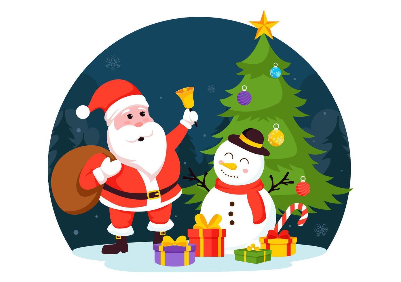 Festive Christmas Illustration with Santa Claus Delivering Gifts in a Snowy Flat Style Scene vector