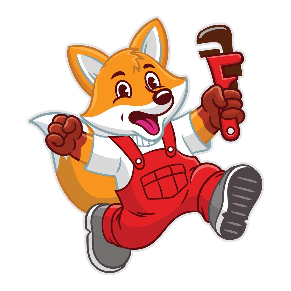 Happy Fox Mechanic Holding Wrench Mascot vector