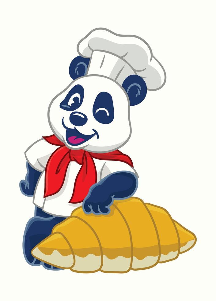 Happy Panda Chef on Croissant Mascot vector