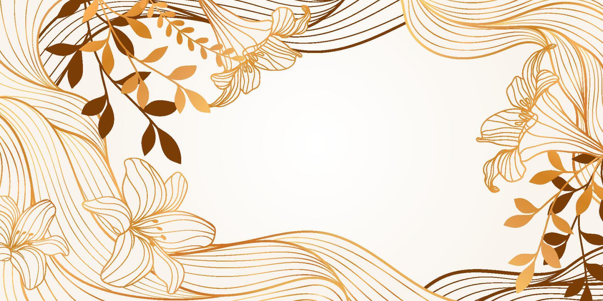 Gold Wavy Water Lines with Branches, Leaves and Flowers. Botanical florals. Background with luxury golden Lilies with abstract fluid line shapes. Bright floral design perfect for wallpapers, cards vector