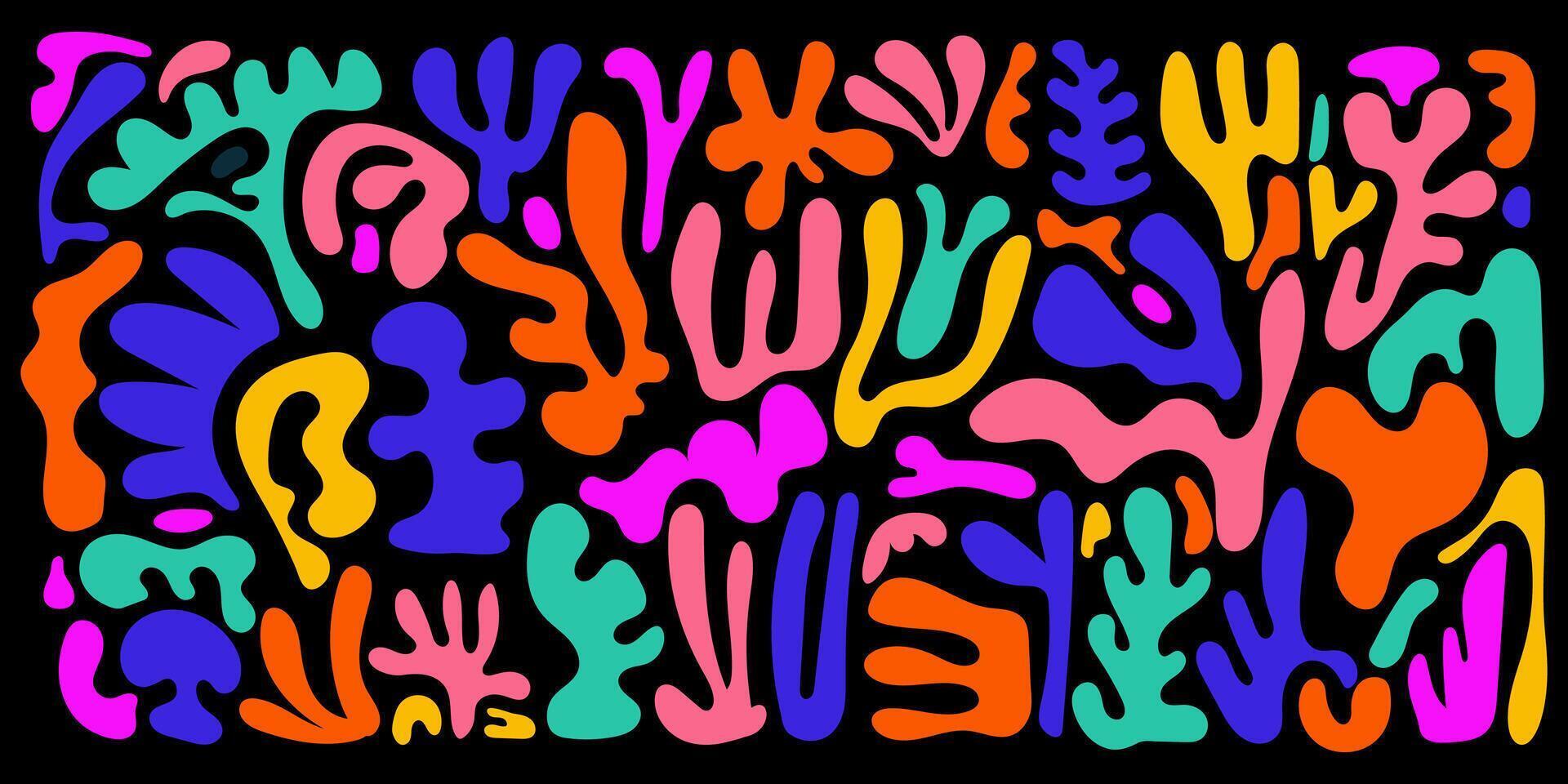 Abstract Vibrant Shapes in Matisse Style Isolated on Black Background. Background with fluid doodle shapes. Organic random and geometric forms of flowers. vector