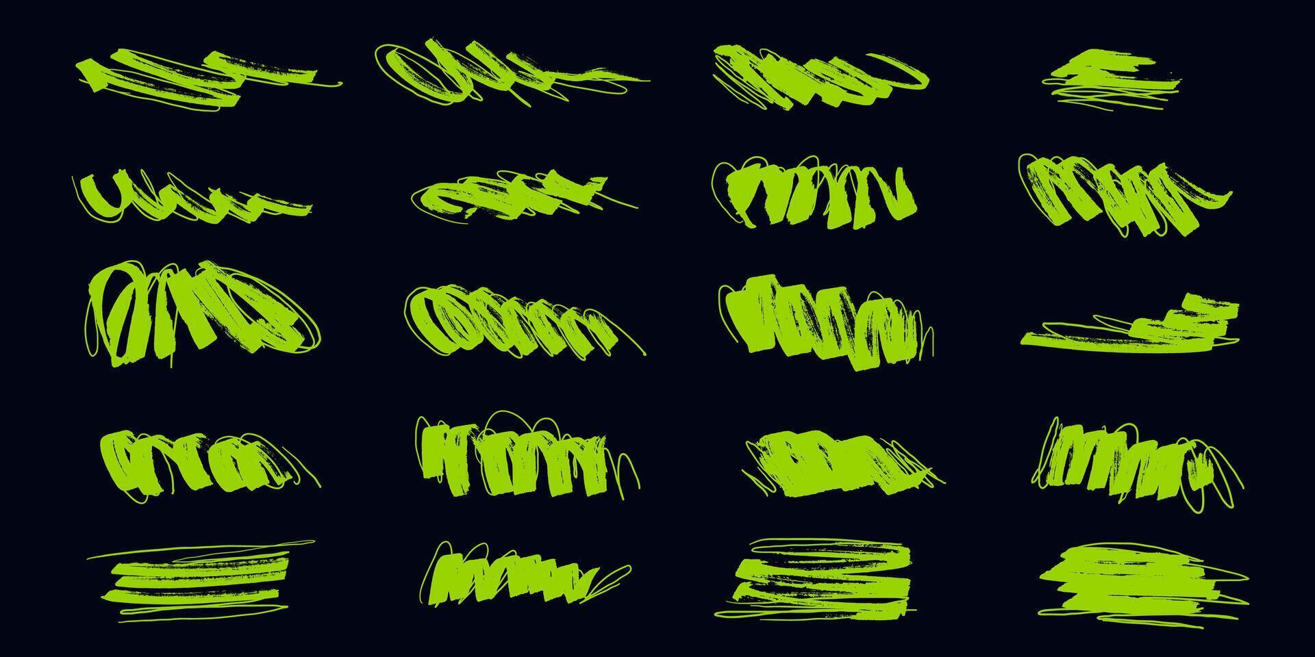 Collection of Grunge Marker Lines in Neon Green on a Dark Background. Perfect for edgy designs, artistic projects, and textured backgrounds vector