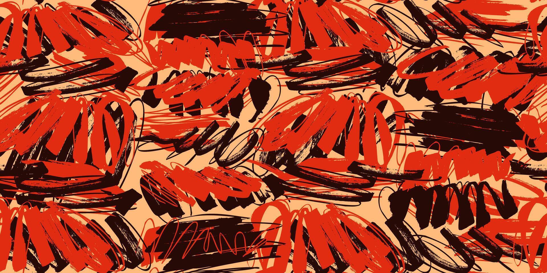 Seamless Pattern of Bold Grunge Marker Lines in Red and Black on a Beige Background vector